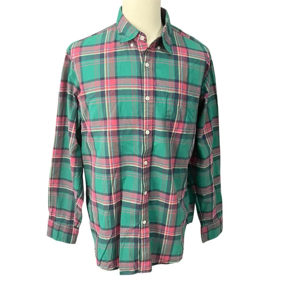 J. Crew Mens 100% Cotton Green Pink Plaid Button Down Shirt Sz XL Preppy Classic